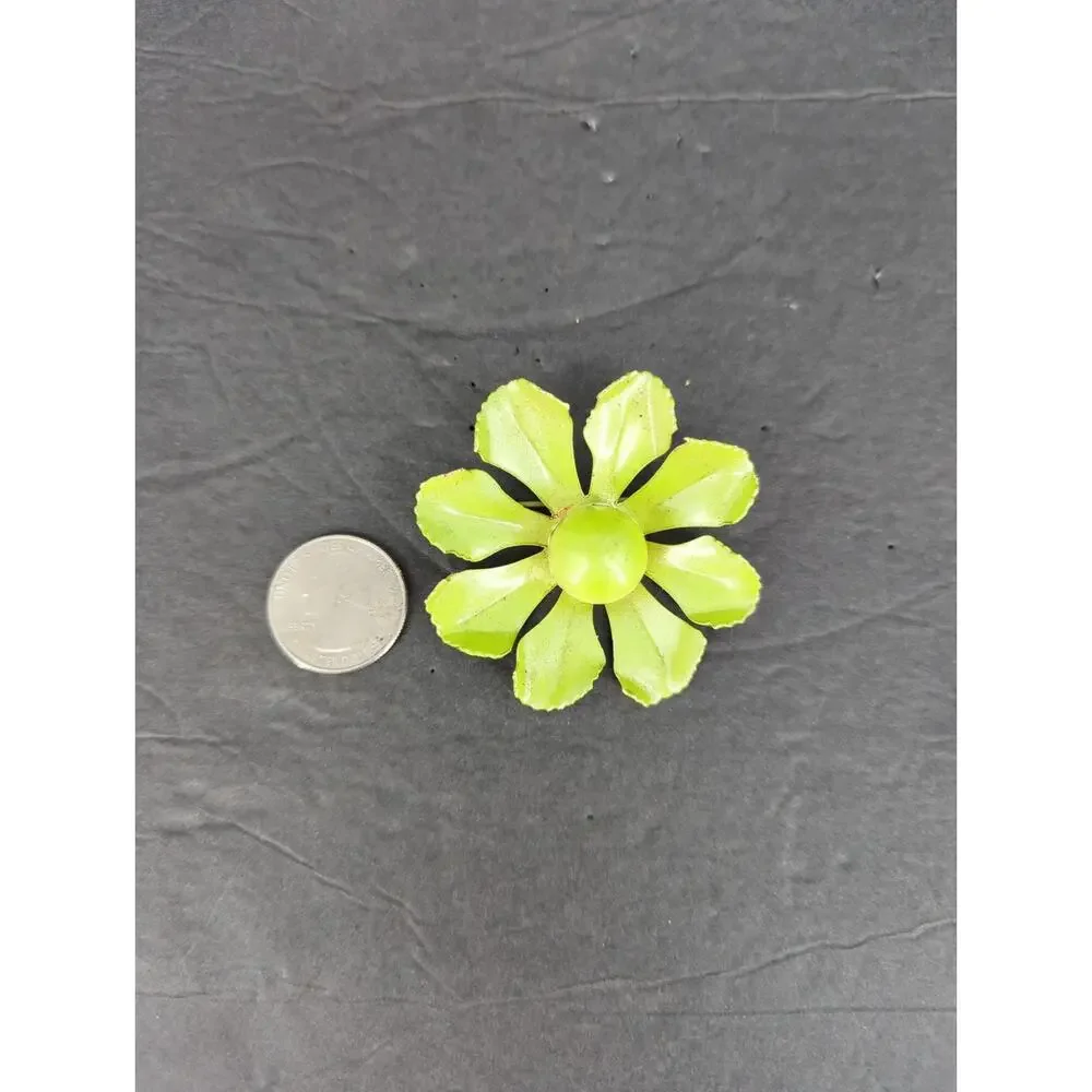 Vintage Enamel Flower Brooch Pin Chartreuse Lime Green Gold Tone Retro
